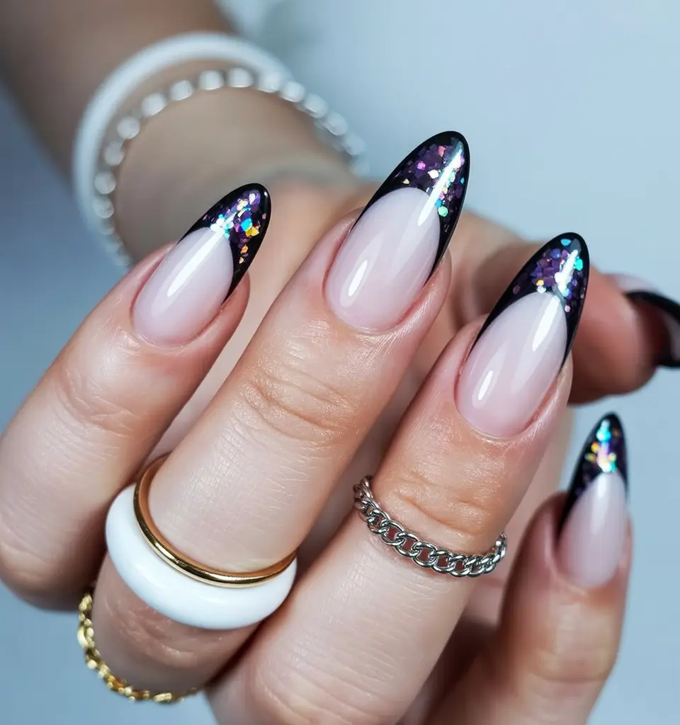 June 2025 Nail Colors Everyone’s Wearing Midnight Glitter French Tips
