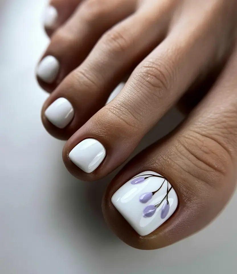 June 2025 Toe Nails for Sandal Season White Lavender Elegance