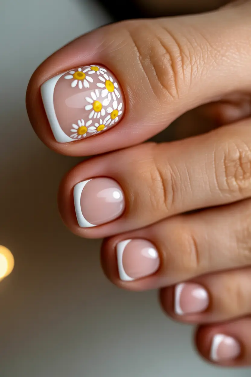 June 2025 Toe Nails for Sandal Season French Daisy Romance