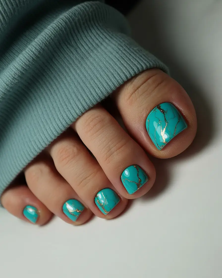 June 2025 Toe Nails for Sandal Season Turquoise Marble Delight