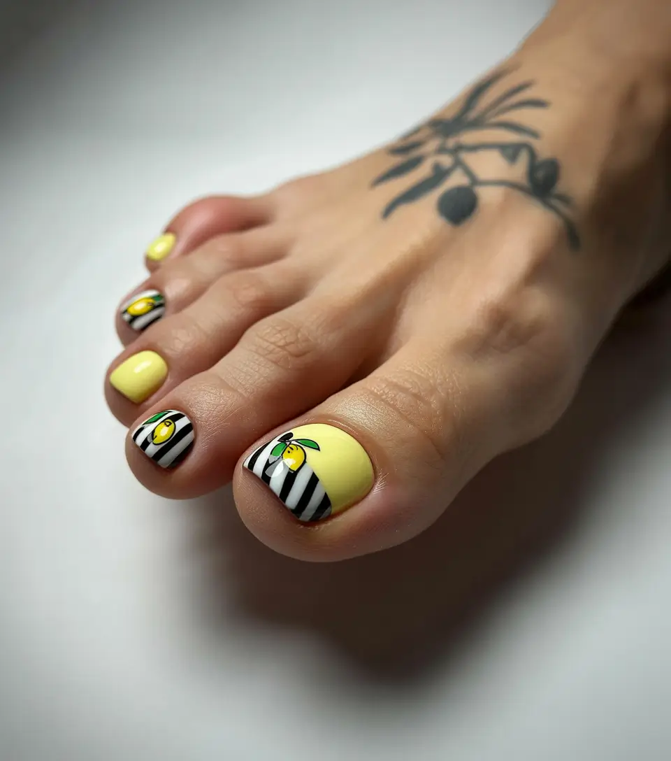 June 2025 Toe Nails for Sandal Season - Lemon Stripes Fun