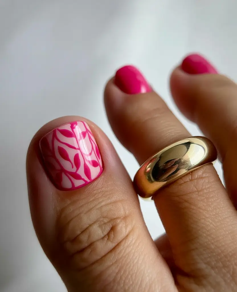 June 2025 Toe Nails for Sandal Season - Pink Leafy Elegance