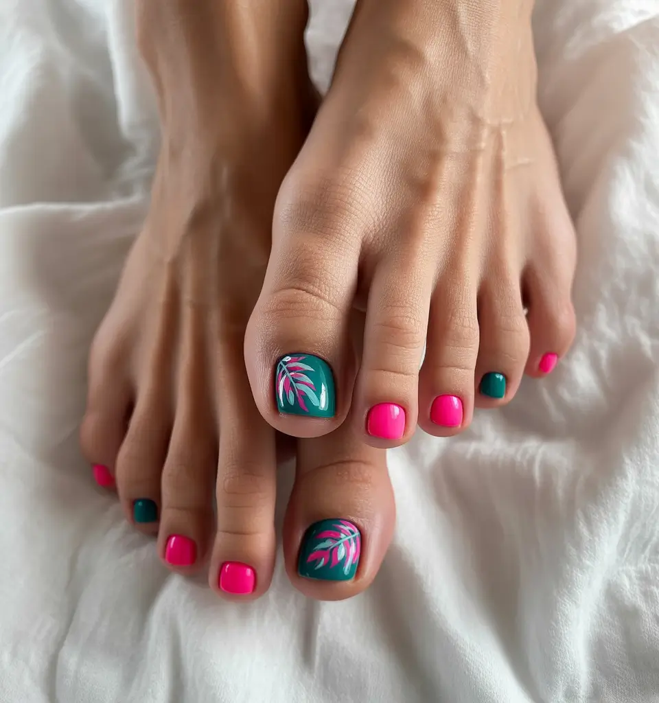 June 2025 Toe Nails for Sandal Season - Pink and Green Tropical Bliss