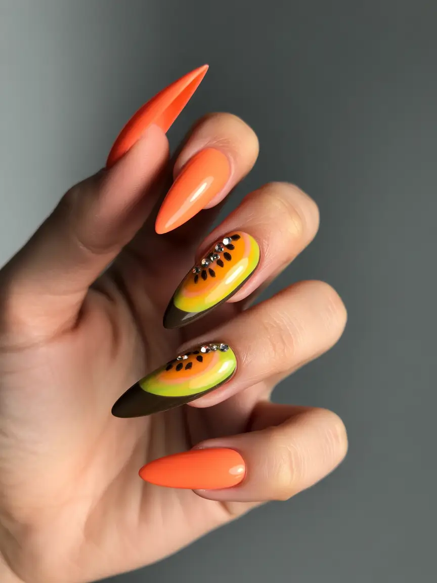 Long Summer Nail Inspo You’ll Love 2025 Tropical Sunset Papaya