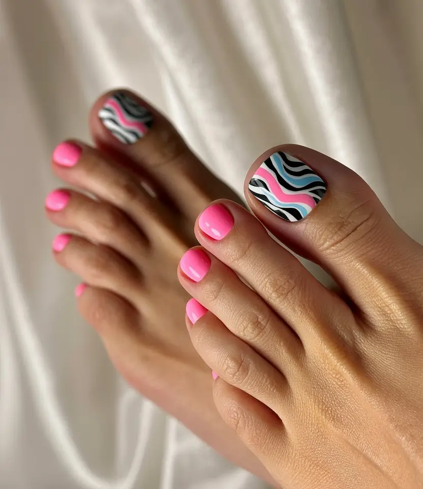 May 2025 Toe Nail Looks You'll Love Vibrant Pink Waves