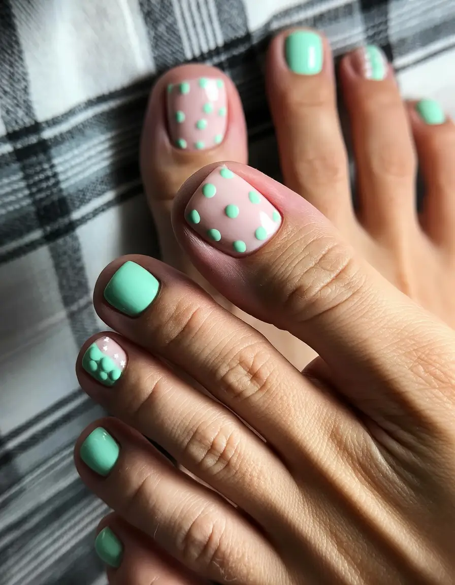 May 2025 Toe Nail Looks You'll Love Minty Polka-Dot Playfulness
