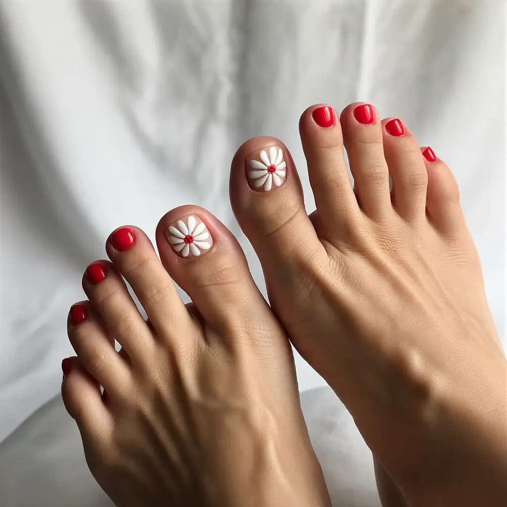 May 2025 Toe Nail Looks You'll Love Bold Red with Daisy Accents