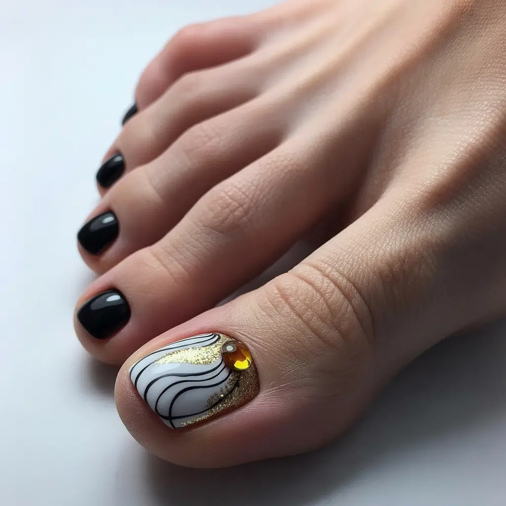 May 2025 Toe Nail Looks You'll Love Bold Gold and Black Glam