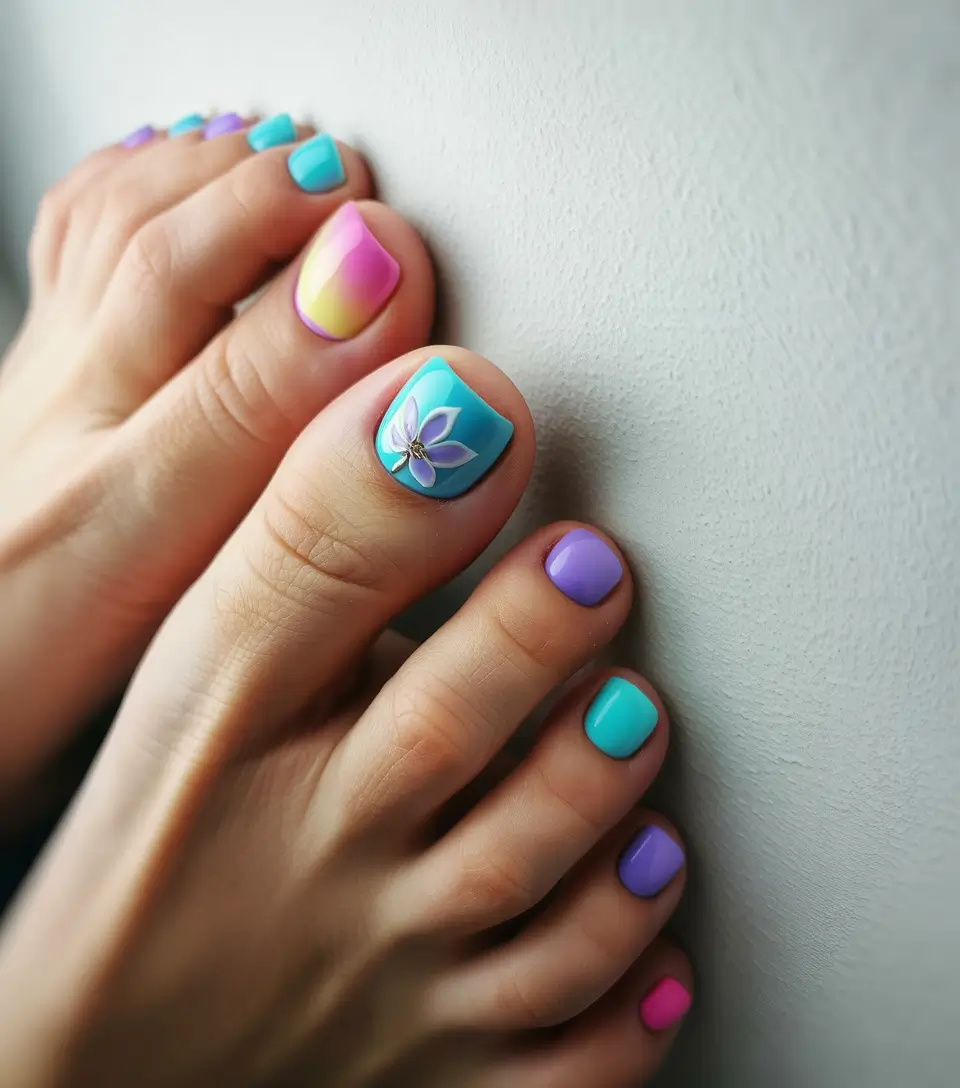 May 2025 Toe Nail Looks You'll Love Pastel Paradise Ombre with 3D Flower