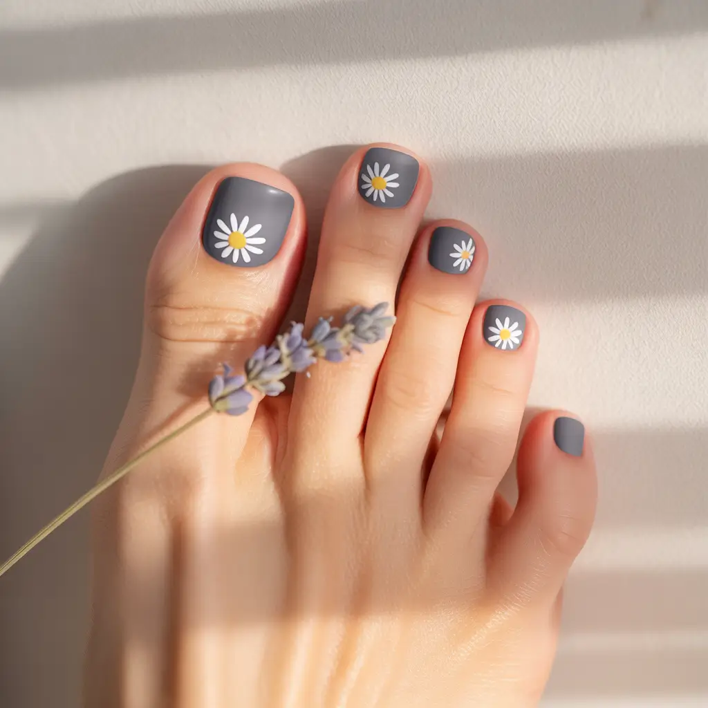 May 2025 Toe Nail Looks You'll Love Subtle Grey with Daisy Charms