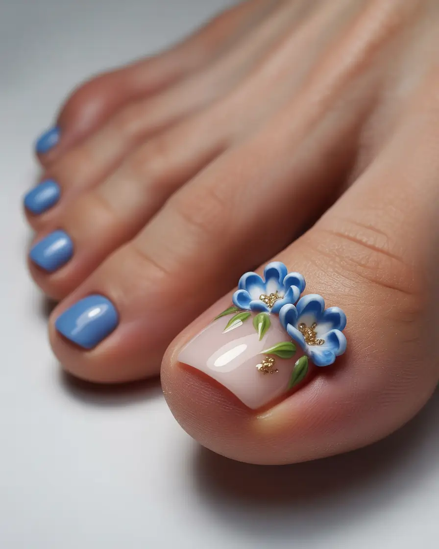 May 2025 Toe Nail Looks You'll Love 3D Blue Flower Fantasy