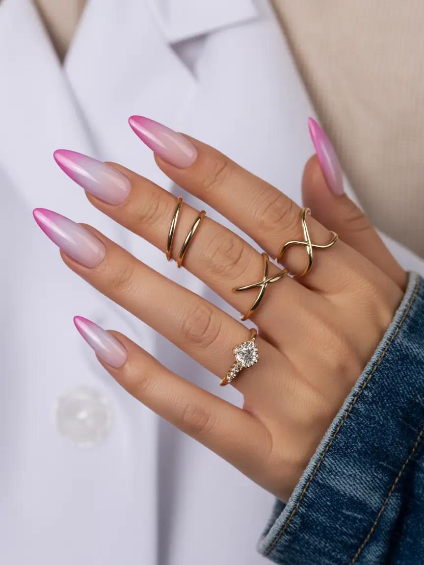 Ombre Nail Designs to Try Summer 2025 Subtle Pink Fade with a Glossy Almond Finish