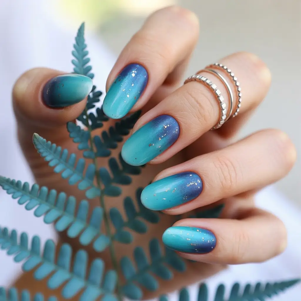 Ombre Nail Designs to Try Summer 2025 Turquoise Galaxy: Oceanic Blue With a Hint of Glitter