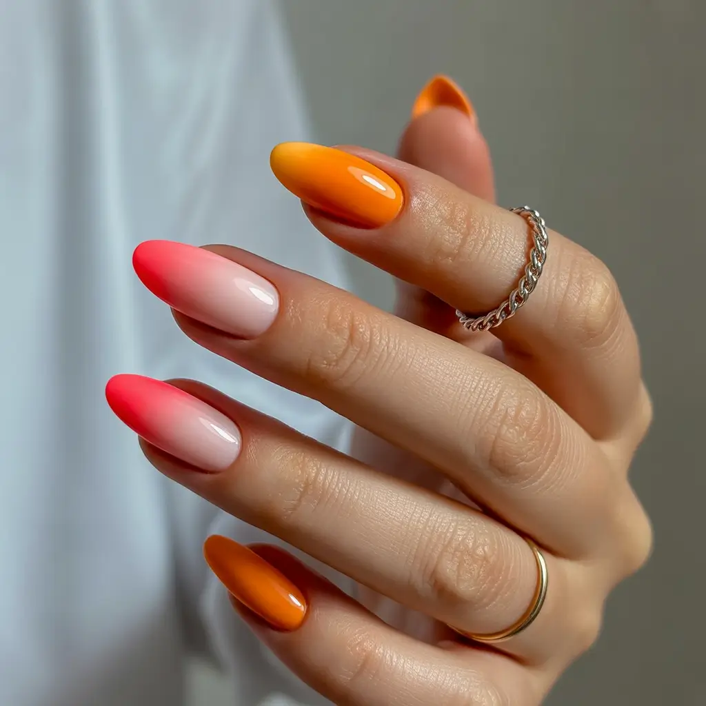 Ombre Nail Designs to Try Summer 2025 Citrus Sunrise: Red & Orange with a Sorbet Spin