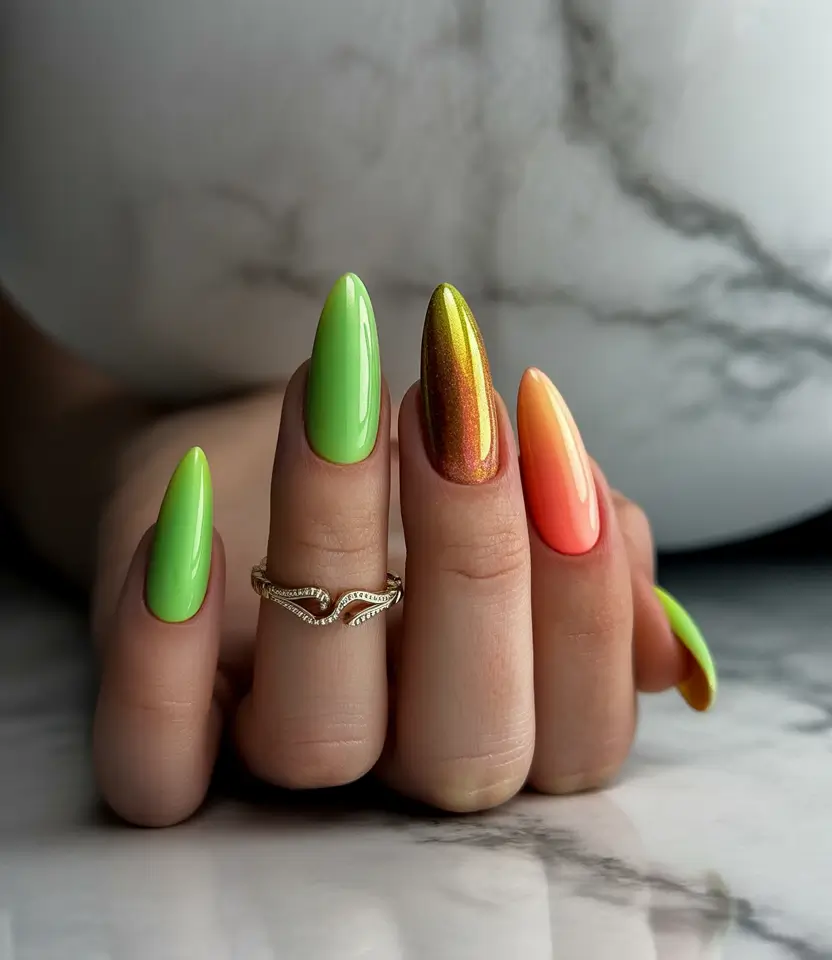 Ombre Nail Designs to Try Summer 2025+Citrus Heat: Gradient Gloss in Sunset Colors