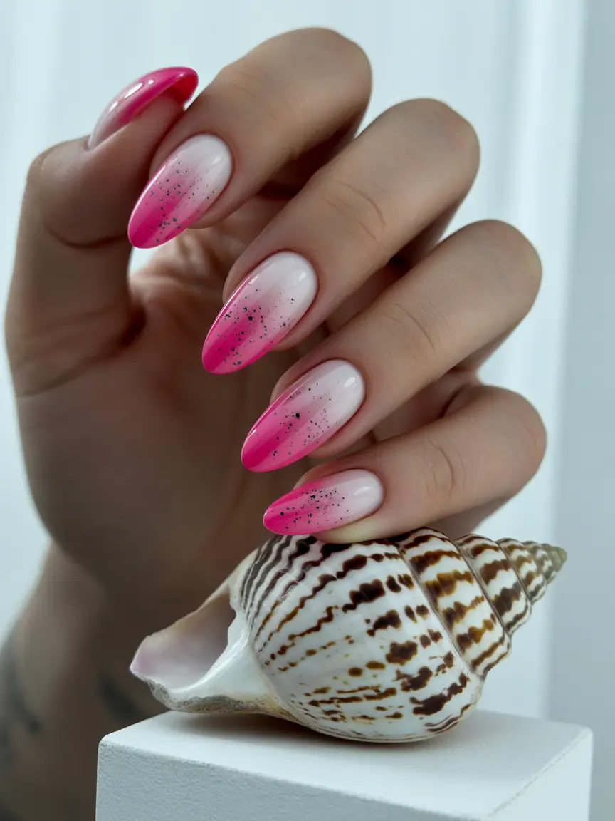 Ombre Nail Designs to Try Summer 2025 Pink Glitter Ombré with a Sea-Swept Sparkle