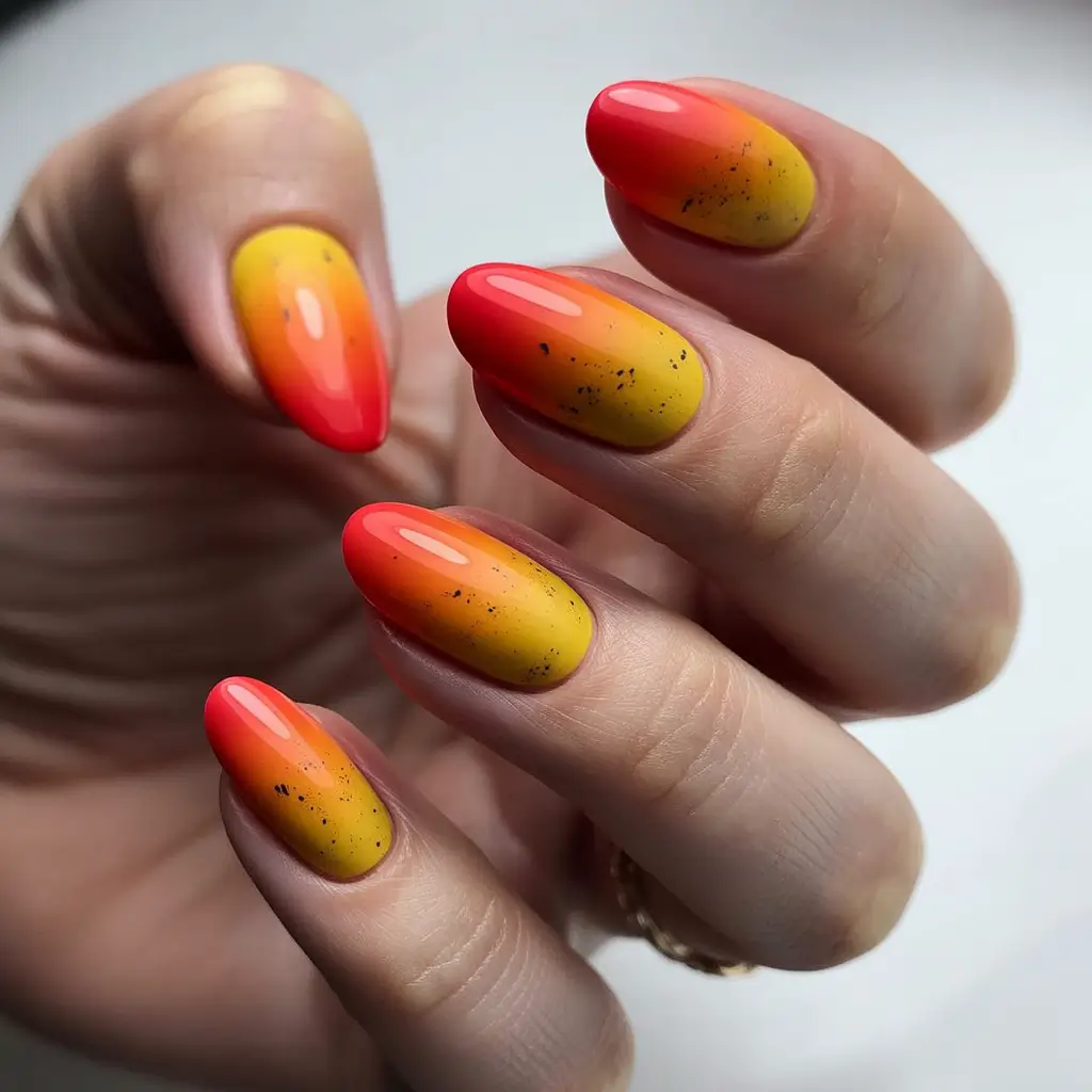 Ombre Nail Designs to Try Summer 2025+Tangerine Flame: Spicy Sunset Ombre with Flecks