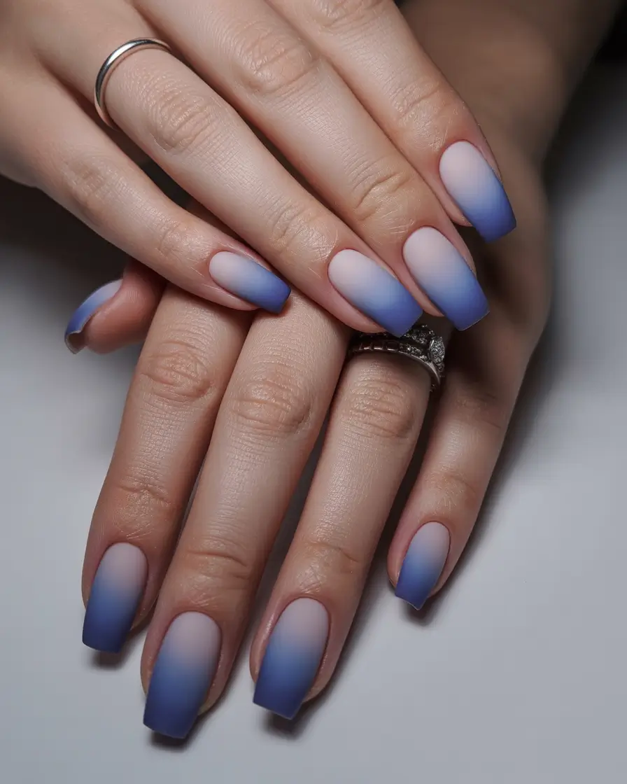 Ombre Nail Designs to Try Summer 2025+Twilight Frost: Matte Blue Fade for Cool Evenings