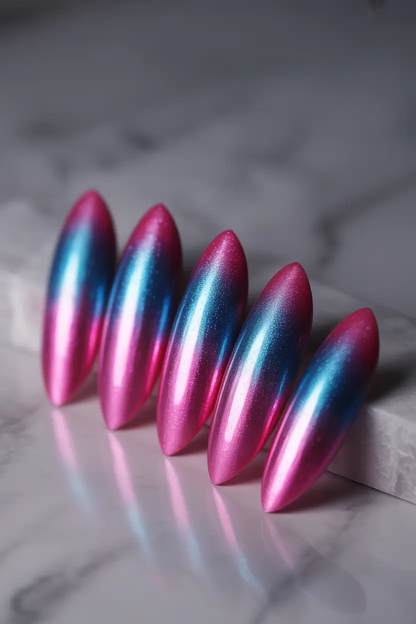 Ombre Nail Designs to Try Summer 2025+Cotton Candy Chrome: Glossy Ombre for the Glam Squad