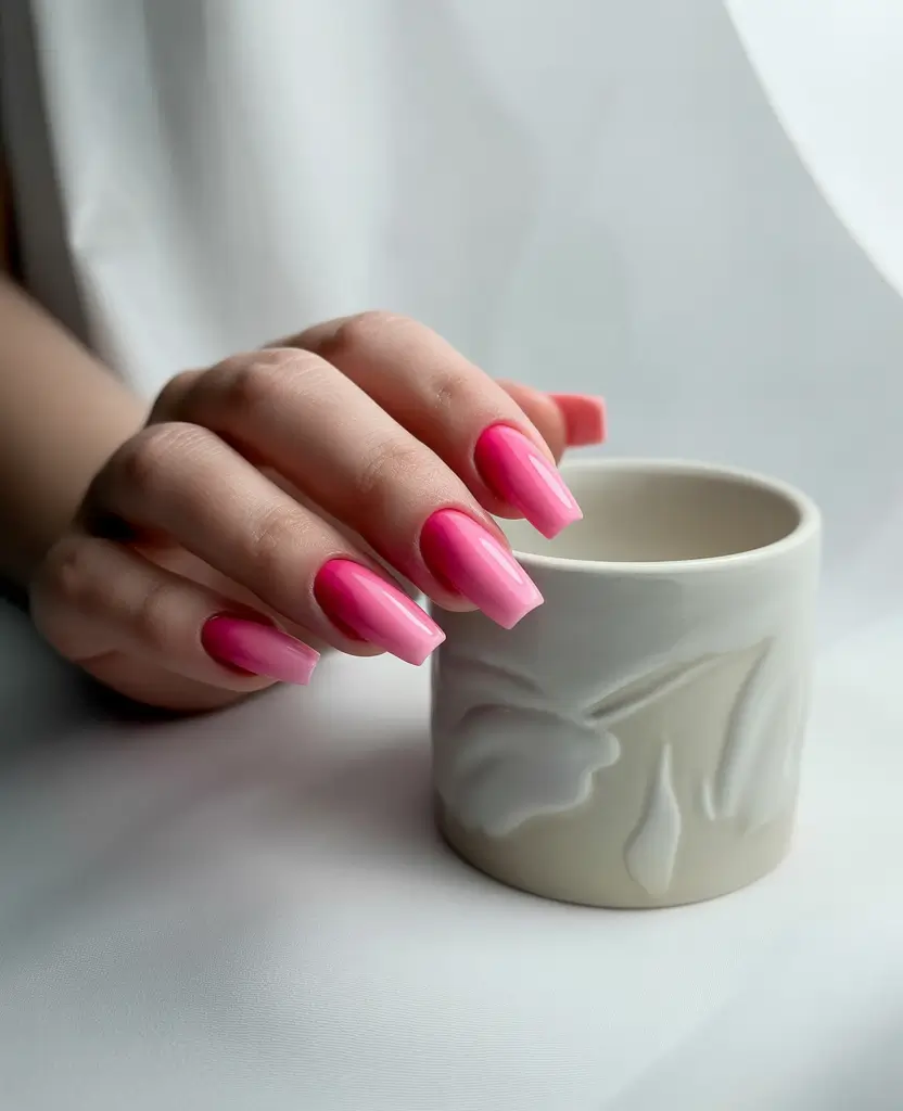Ombre Nail Designs to Try Summer 2025+Bubblegum Gradient: Glossy Pink with Classic Appeal