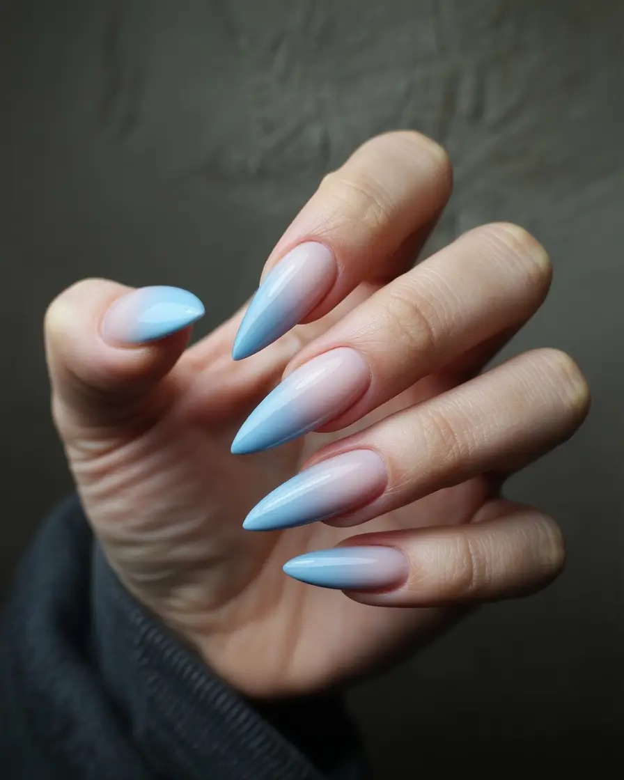 Ombre Nail Designs to Try Summer 2025+Cloud Dancer: Soft Blue Tips with Barely-There Base