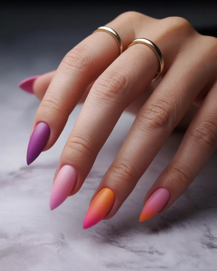 Ombre Nail Designs to Try Summer 2025 Velvet Gradient Almonds in Orchid & Papaya