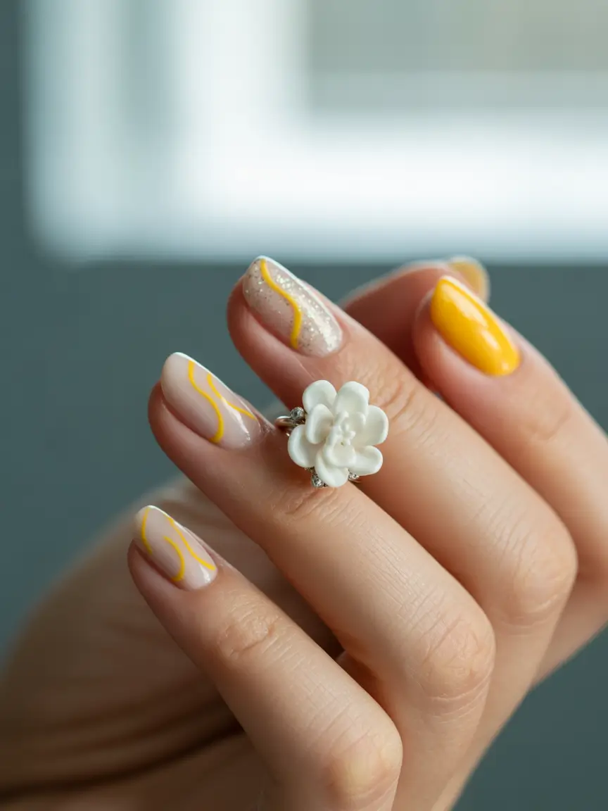 Oval Nail Inspo for Summer 2025 Looks - Sunbeam Yellow Meets Minimalist Swirl