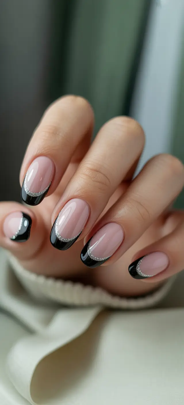 Oval Nail Inspo for Summer 2025 Looks - Black Velvet French with Diamond Lining