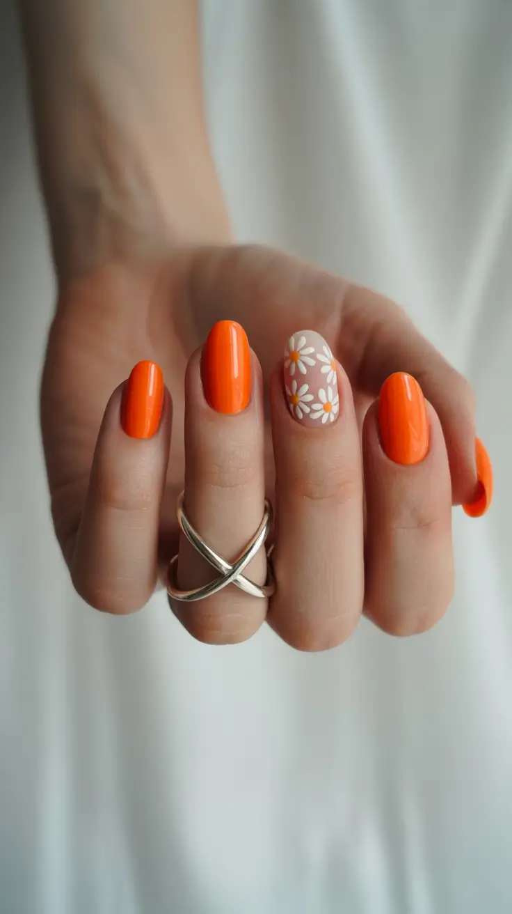 Oval Nail Inspo for Summer 2025 Looks - Bold Tangerine with Floral Accent