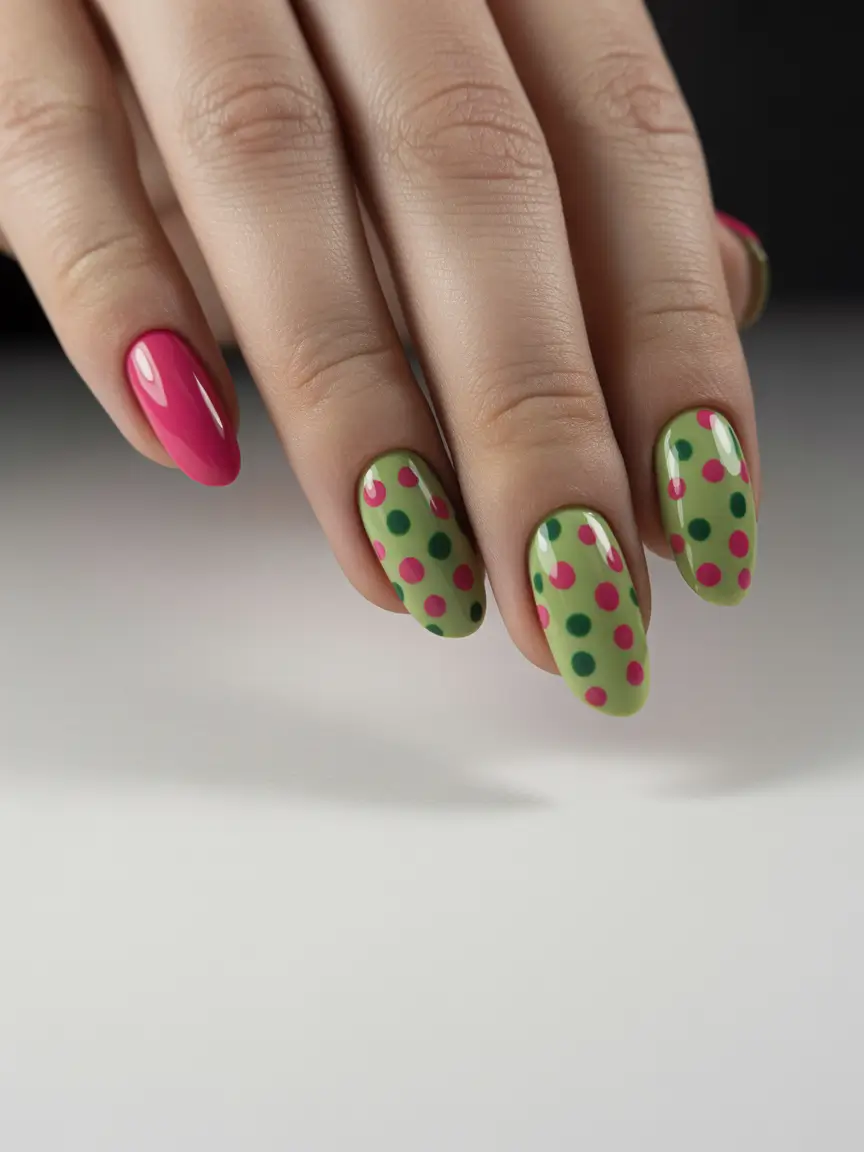 Oval Nail Inspo for Summer 2025 Looks - Watermelon Dots with a Retro Vibe