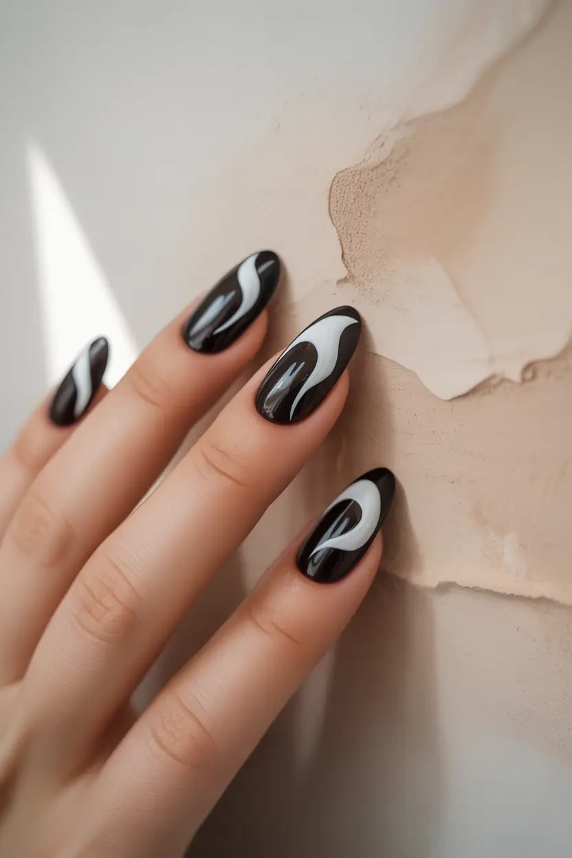 Oval Nail Inspo for Summer 2025 Looks - Black and White Flame Contrast
