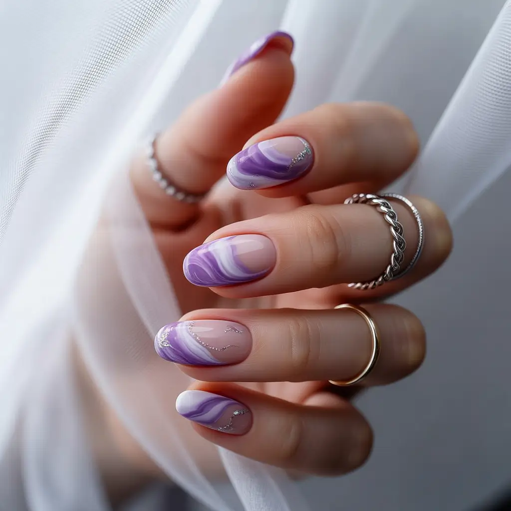 Oval Nail Inspo for Summer 2025 Looks - Lavender Marble Fantasy