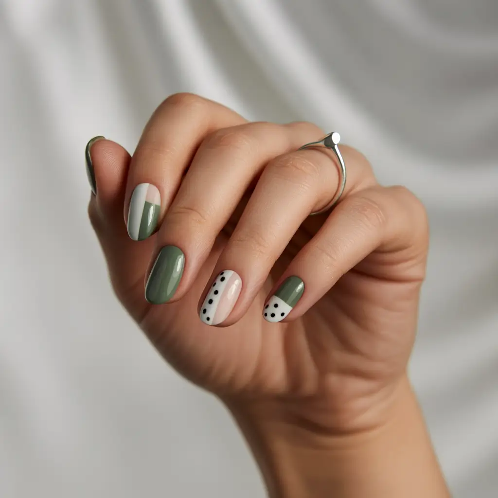 Oval Nail Inspo for Summer 2025 Looks+Earthy Geometry in Sage and Ivory