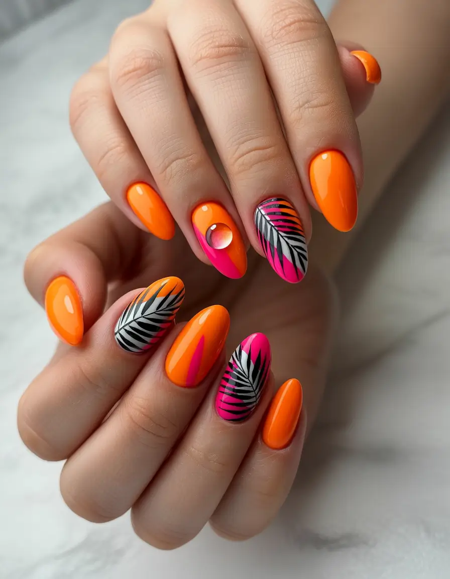 Oval Nail Inspo for Summer 2025 Looks+Tropical Punch with Palm Leaf Art