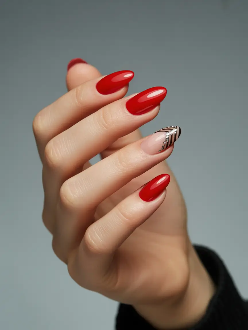 Oval Nail Inspo for Summer 2025 Looks - Classic Red With a Graphic Twist