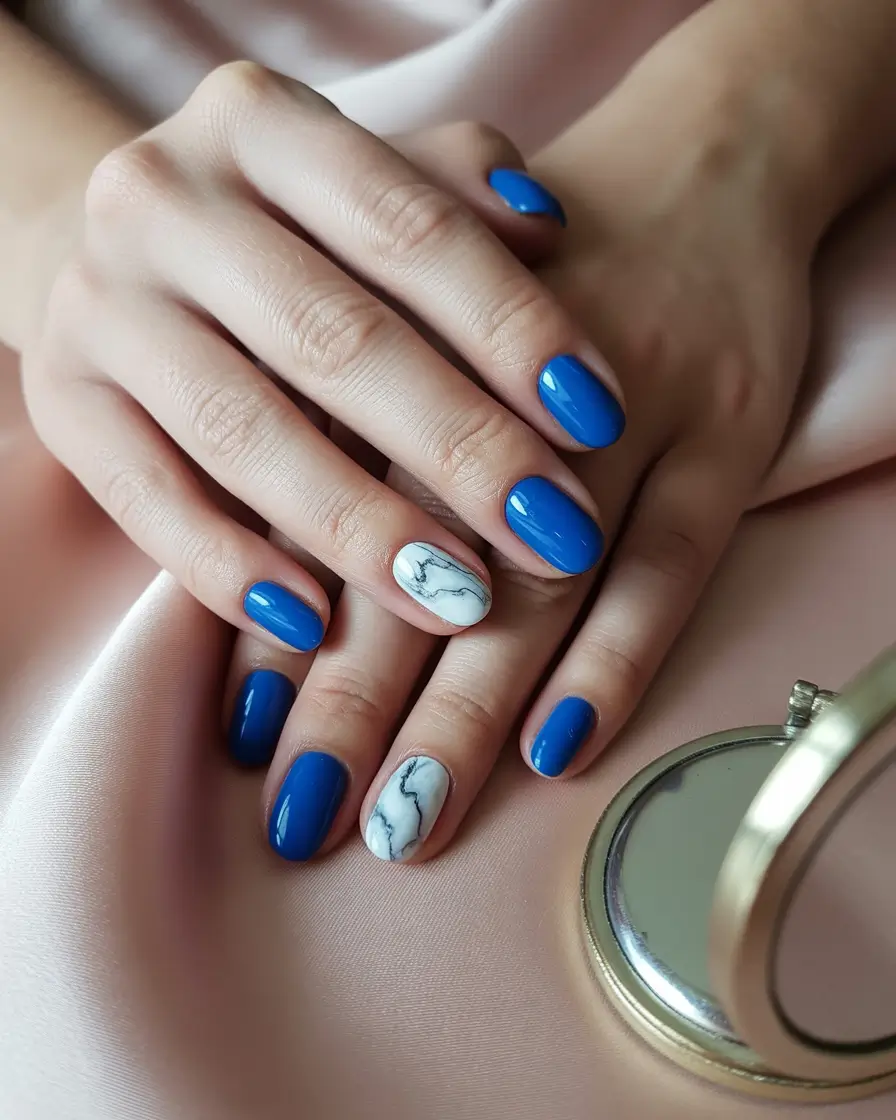 Oval Nail Inspo for Summer 2025 Looks - Oceanic Blue and Marble Moment