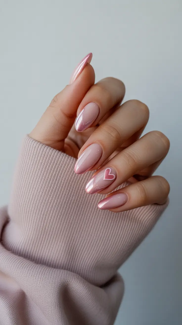 Oval Nail Inspo for Summer 2025 Looks - Blush Chrome with a Heartbeat