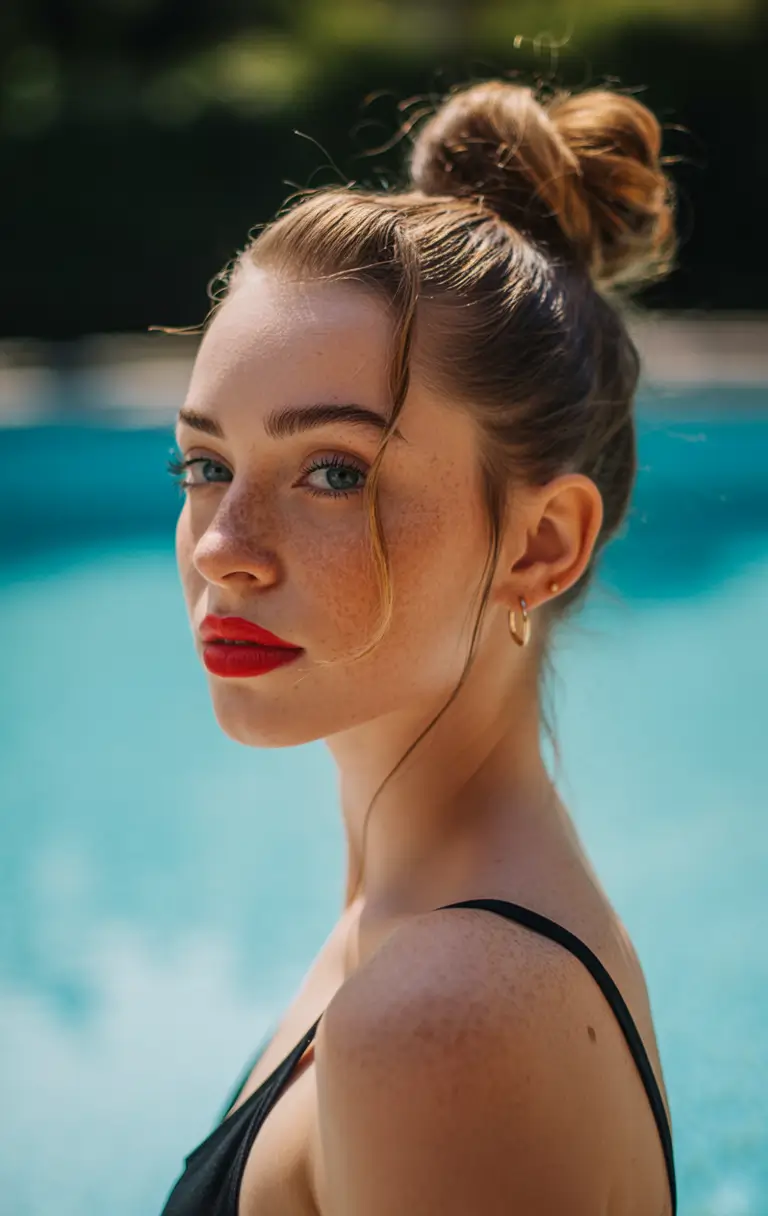 Practical Summer Swimming Hairstyles 2025 Messy Pool Bun with Floating Face-Framing Pieces