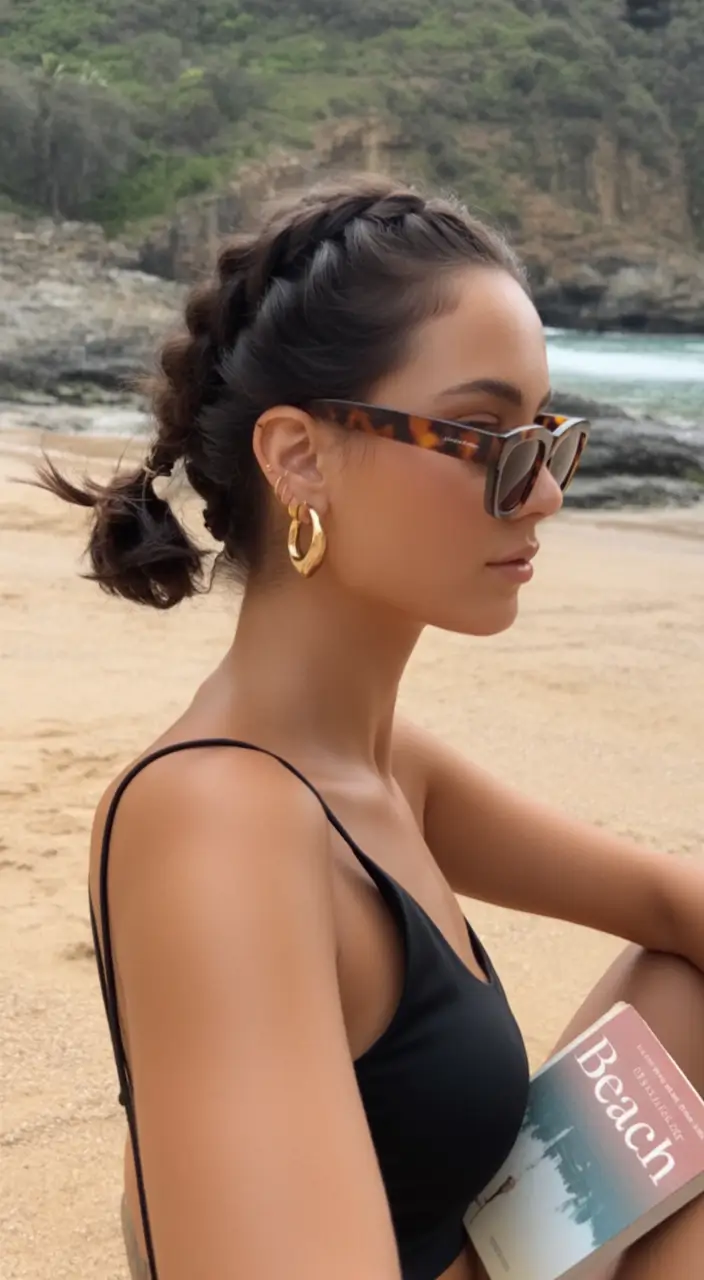 Practical Summer Swimming Hairstyles 2025 Twisted Crown Braid into a Beachy Low Knot