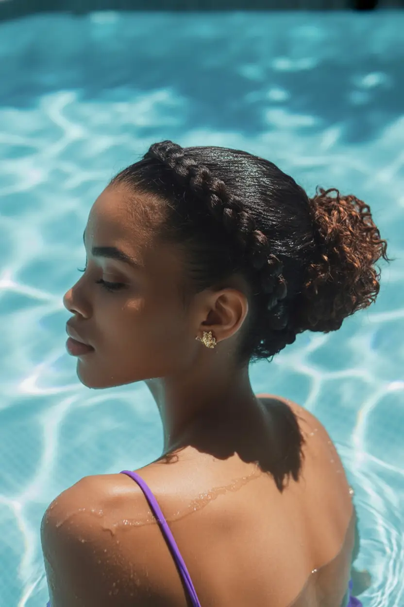 Practical Summer Swimming Hairstyles 2025 Slick Crown Braid with a Defined Curly Bun