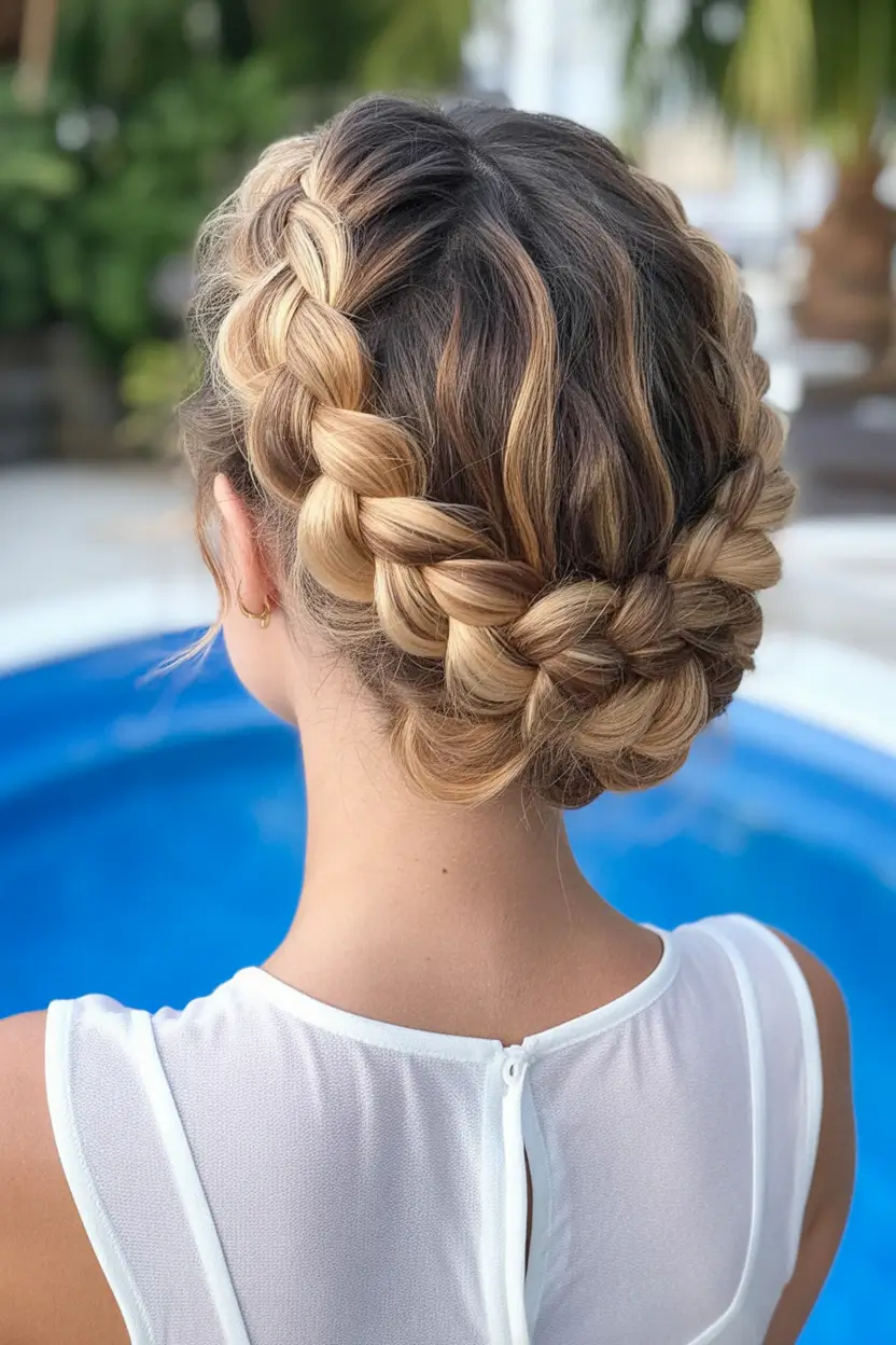 Practical Summer Swimming Hairstyles 2025 Milkmaid Halo Braid with Soft Blonde Highlights