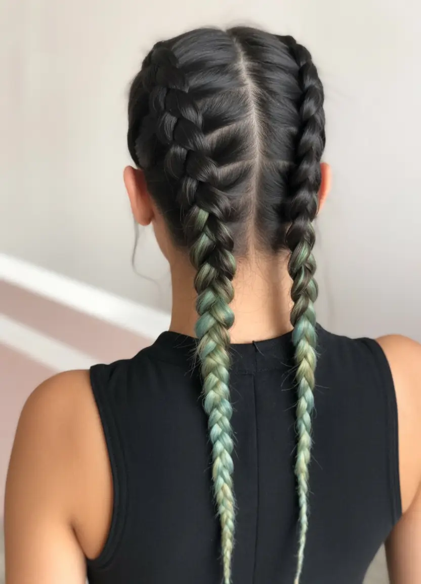 Practical Summer Swimming Hairstyles 2025 Teal Dip-Dye Dutch Braids for a Bold Splash
