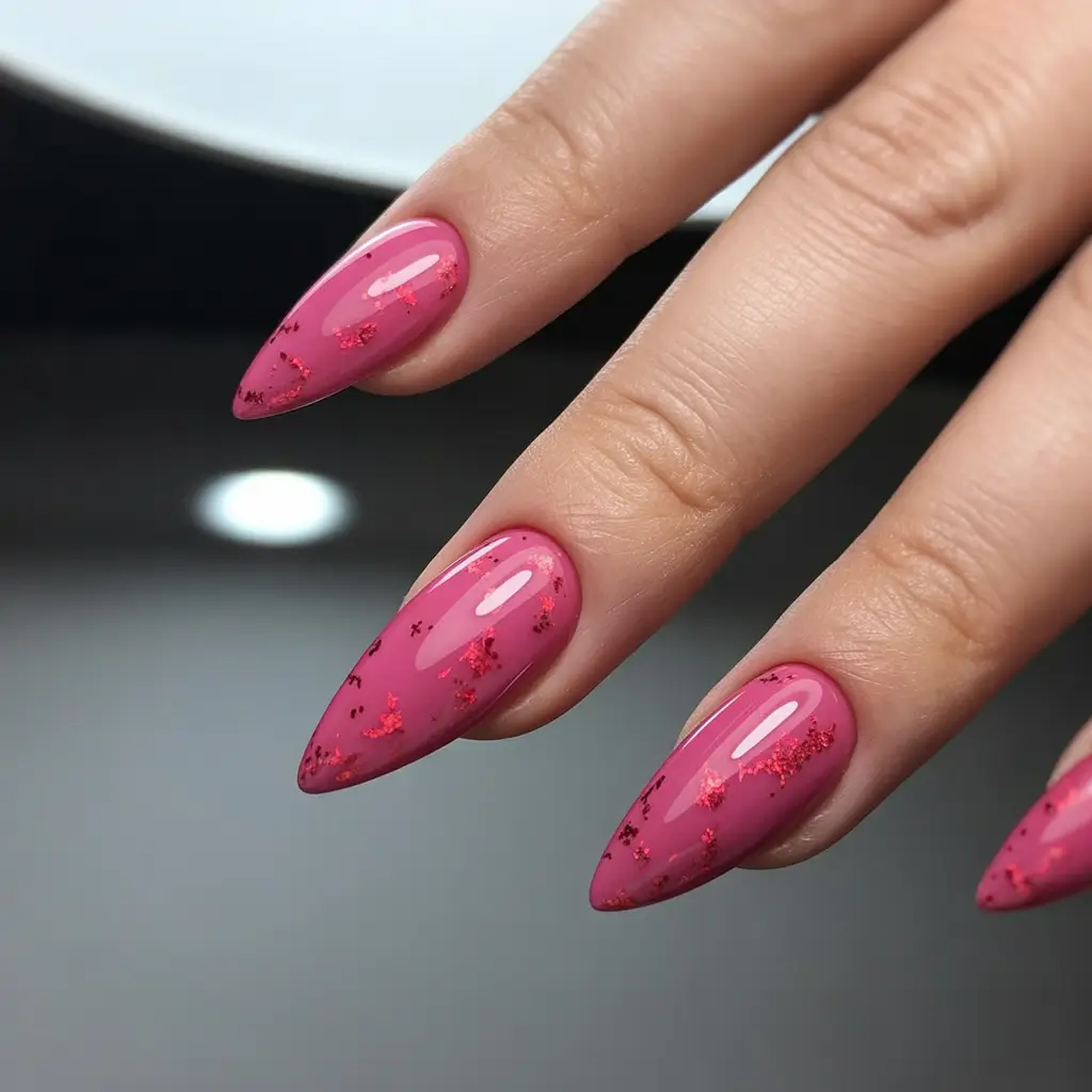 Prettiest Pink Nails for Summer 2025 Glossy Berry Burst with Foil Flakes