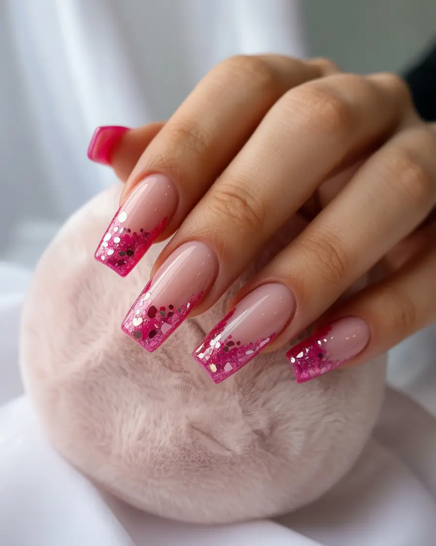 Prettiest Pink Nails for Summer 2025 Sparkling Square Pink French