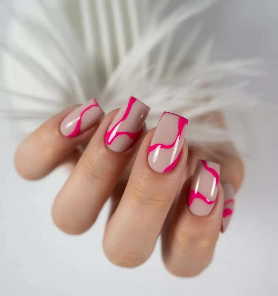 Prettiest Pink Nails for Summer 2025 Hot Pink Waves on Nude Canvas