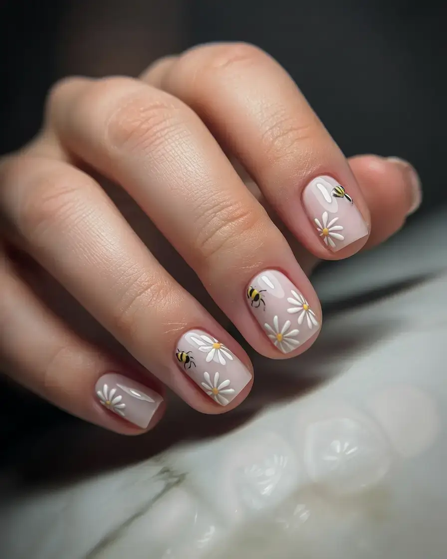 Pretty Summer Nails You’ll Want in 2025 Buzzed in Blooms: Soft Pink Daisies and Bees