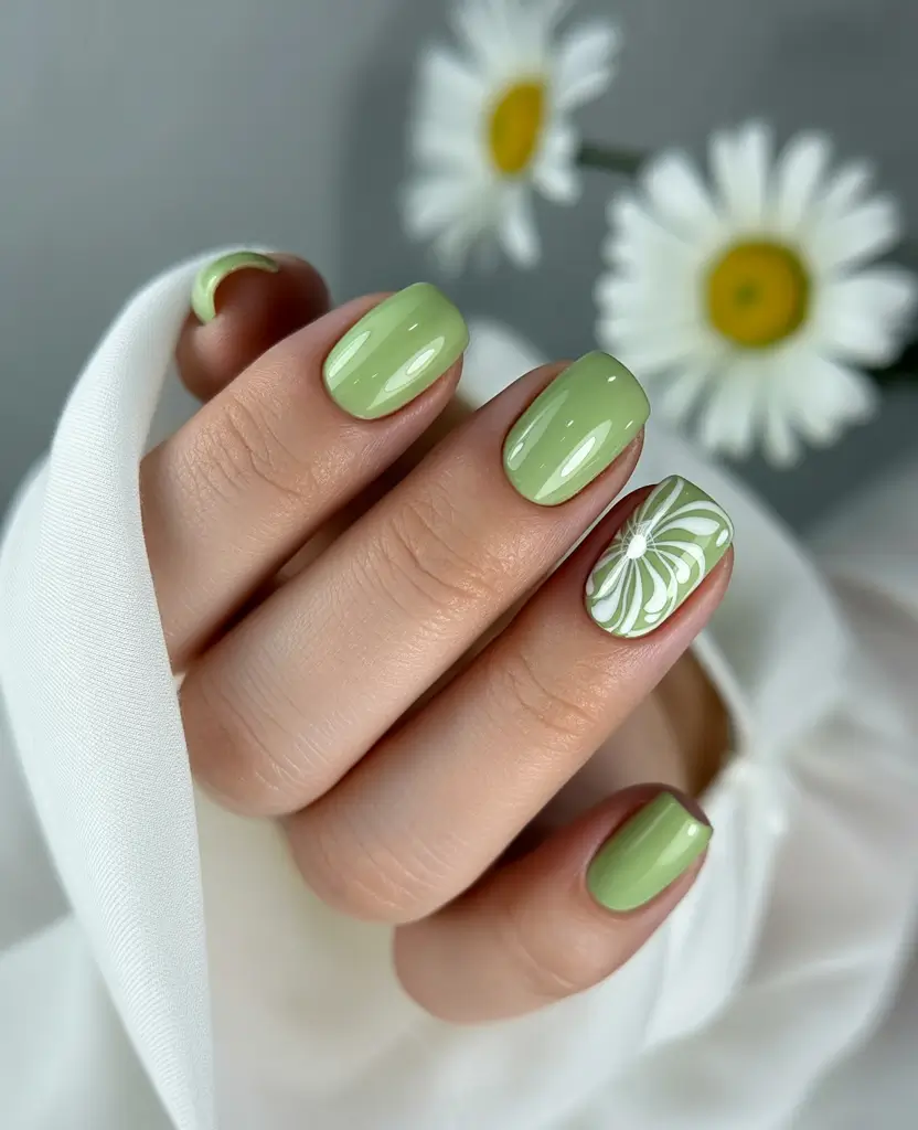 Pretty Summer Nails You’ll Want in 2025 Sage Bloom: Soft Green with Subtle Florals