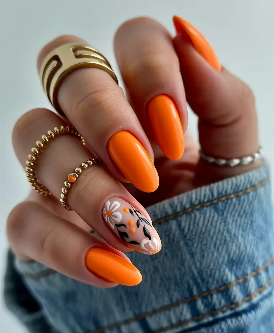 Pretty Summer Nails You’ll Want in 2025 Tangerine Garden: Orange Burst with Wild Daisies