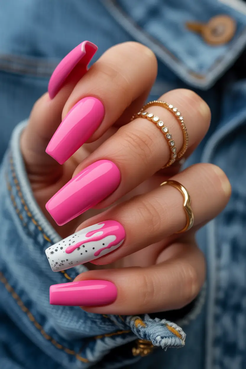 Pretty Summer Nails You’ll Want in 2025 Cotton Candy Drip: Hot Pink with Icing Art
