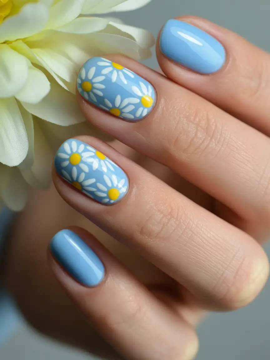 Pretty Summer Nails You’ll Want in 2025 Daisy Pop: Cheerful Sky Blue with Flower Art
